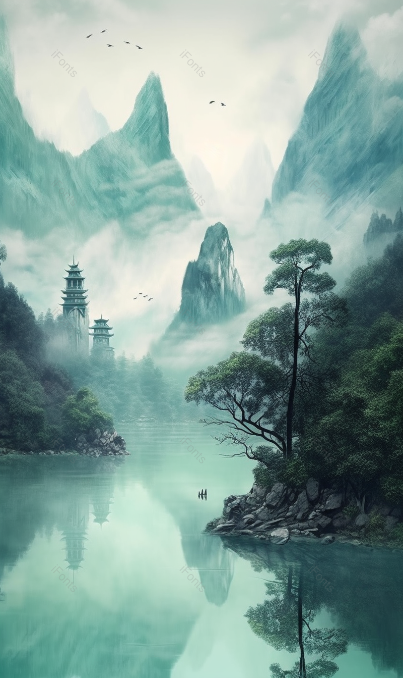 蓝色中国风复古写意山中寺庙背景,插画/手绘图,插画/手绘图库,插画/手绘图下载,插画/手绘